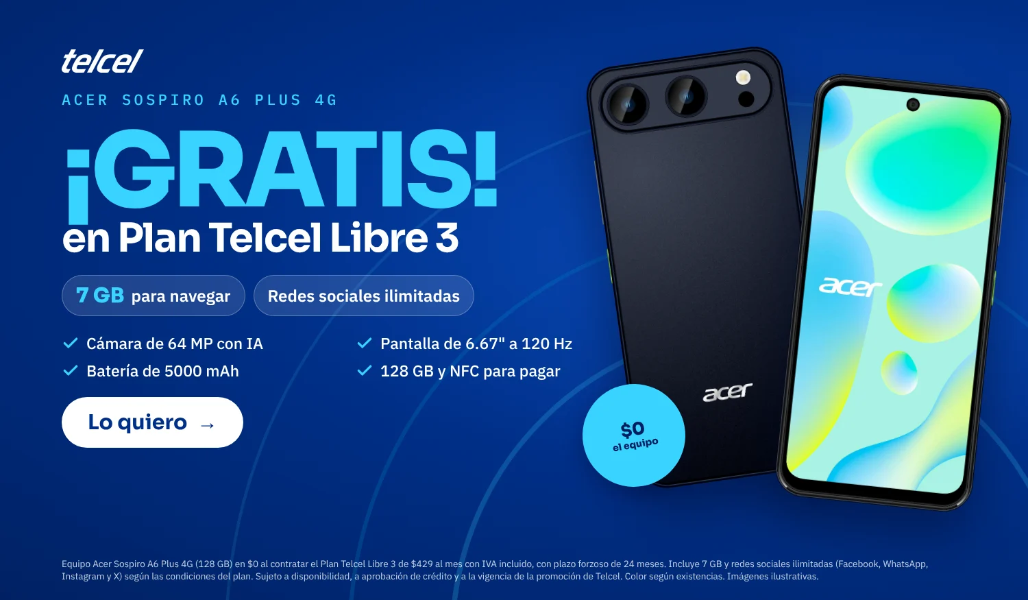 Acer Sospiro A6 Plus 4G gratis en Plan Telcel Libre 3: 7 GB, redes sociales ilimitadas, cámara de 64 MP y batería de 5000 mAh. Lo quiero.